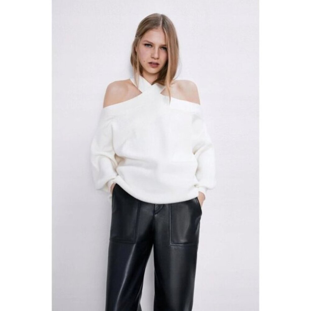 EUC Zara off-white ecru crossover strap exposed shoulder sweater S